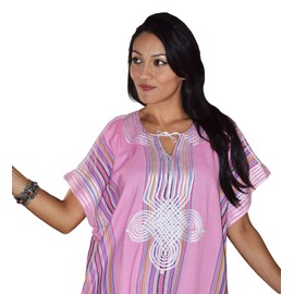 Moroccan Caftan Women Light Weight Linen Handmade with Embroidery Fits Small To Large Cover-up Lounge wear Ethnic Design Pink