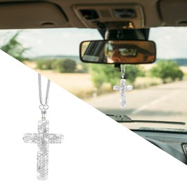 Bling Car Rear View Mirror Accessories Hanging Pendant,Cross Crystal Rhinestone for Mirror Hanging,Double-Sided Cross Diamond Religious,Interior Men Women Car Accessories (Silver White)