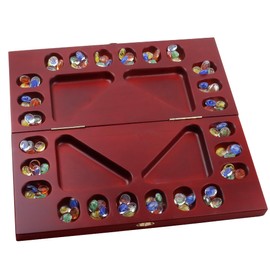 GSE Games & Sports Expert 4-Player Mancala Board Game with Multi-Color Glass Stones, Folding Wooden 4-Way Mancala Family Travel Strategy Games Set for Kids & Adults (Mahogany)