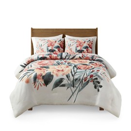 TREATLIFE HOME Cozy 3 Piece Floral Cotton Comforter Set for King/California King Bed, Soft Peach and Off-White Design