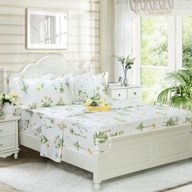 FADFAY Shabby Green Floral Sheet Set 100% Cotton Bed Sheet Set Green White Natural Hypoallergenic Bedding Set,4pcs-Queen