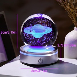 Crystal 3D Saturn 3.15in Ball Figurine Gifts for Her on Birthday, Collectible Glass Planet Art Sphere for Room with LED Light Base, Keepsake for Astronomy Lovers Home Decor Paperweight