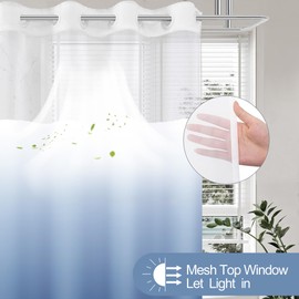 No Hook Ombre Light Blue Shower Curtain with Snap in Fabric Liner Set, Modern Hotel Style Design for Bathroom, Double Layer Ringless with See Through Mesh Top Window, 71" x 74"