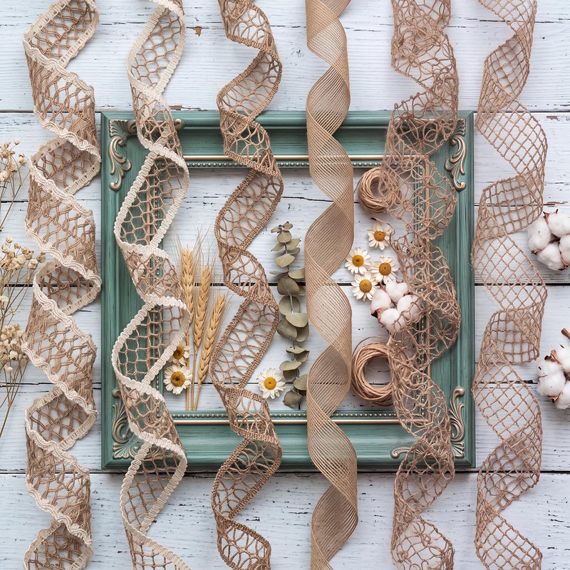 6 Rolls Wired Burlap Ribbon, Natural Jute Mesh Lace Ribbon