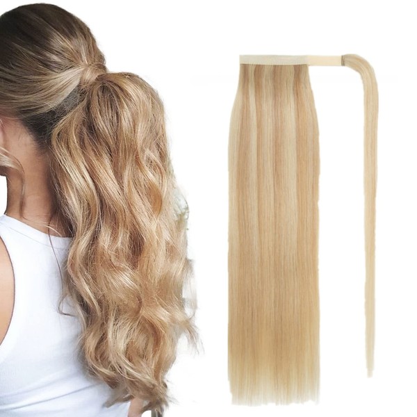 Benehair Ponytail Real Hair Extensions, 100% Real Hair in Ponytail Extensions, Camel, Mixed Light Gold Ponytail Extension, Real Hair for Women, 22 Inches, 95 g #18P613