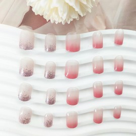 Press on Nails Short Square Fake Nails with Pink Gradient Designs Glitter Nails Press ons Nude Glue on Nails Cute Acrylic Nails Winter Stick on Nails for Women 24 Pcs