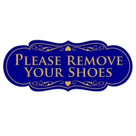 All Quality Designer Please Remove Your Shoes Wall or Door Sign - No Shoes Signage | Durable Material | Easy Installation - Blue/Gold - Large (1 Pack)