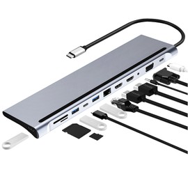 USB C Laptop Docking Station, 12 in 1 Type C Hub Multiport Adapter Dongle with Monitors, Dual HDMI, VGA, PD, Ethernet, SD/TF, USB C/A Ports, Mic/Audio, Dual Memory Card Slots