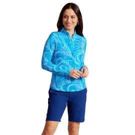 IBKUL Athleisure Wear Sun Protective UPF 50+ Icefil Cooling-Rebecca Print Long Sleeve Mock Neck Top-10087 Turquoise Multi/Rebecca/S