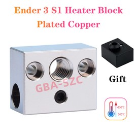 GBA-SZC 1PC Ender 3 S1 Heater Block with Silicone Sock,Plated Copper High Temperature Heating Block for Ender 3 S1, Ender3 S1 Pro, CR10 Smart Pro,Sermoon V1 Hotend.(1PC Plated Copper）