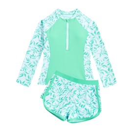 JiAmy Girl Swimsuits with Shorts, Two Piece Girls Swimming Costume,Long Sleeve Kids Swimwear Zip Rash Guard Bathing Suit 8-9 Years Light Green
