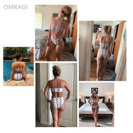 OMKAGI Women's 2 Pieces Bandeau Bikini Swimsuits Off Shoulder High Waist Bathing Suit High Cut(Medium,Snakeprint)
