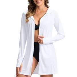 Soothfeel Women's UPF 50+ Swim Cover Up Sun Protection Hoodie SPF Lightweight Jacket Long Sleeve Beach Cover Ups for Women (White,L)