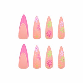 MISUD Stiletto Press on Nails Long Fake Nails Matte Glue on Nails Pink Green French Tip Acrylic Nail Supplies Almond Artificial Nail Art Summer Flower Stick on False Nails with Design DIY 24 pcs