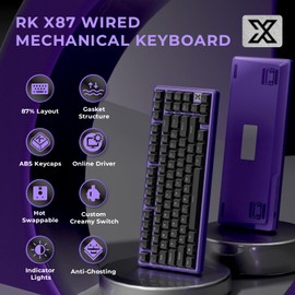 RK ROYAL KLUDGE X87 Mechanical Gaming Keyboard, 87% Wired Keyboard with 86 Keys, Gasket Mount, ABS Keycaps, 11 Ice-Blue Backlight Modes, Anti-Ghosting, Hot-Swappable Creamy Switch Black