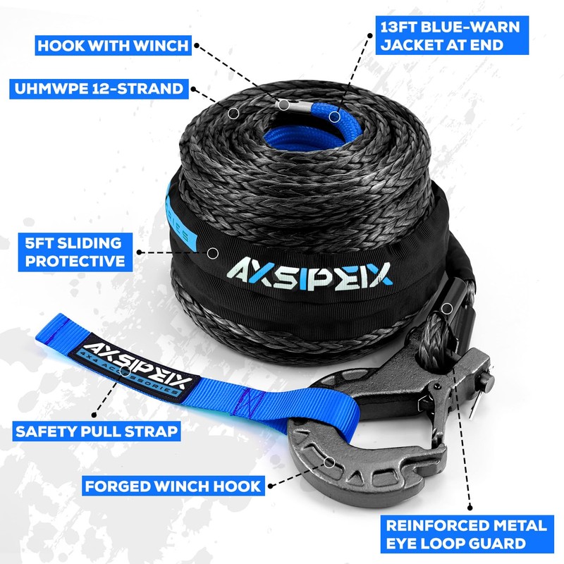 Synthetic Winch Rope Kit, 1/2" x 85ft 32500LBS Blue+Black Winch