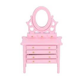 1:12 Scale Dollhouse Toilet Table High Simulation Wooden Miniature Dressing Table with Mirror Pink