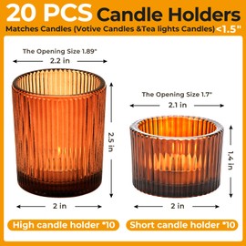 20 Pack Votive Candle Holders for Tea Light Candles, Amber Glass Tea Light Candle Holders Set, Decorative Ribbed Tealight Holder for Wedding Table Decor, Dining Room, Valentine's Day, Birthday