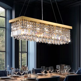 7PMBEANE Modern Gold Crystal Chandelier,Rectangular K9 Crystal Raindrop Pendant Lighting Fixture,6 Light Rectangle Chandeliers for Dining Room Living Room Kitchen Island L31.5'' x W10'' x H10''