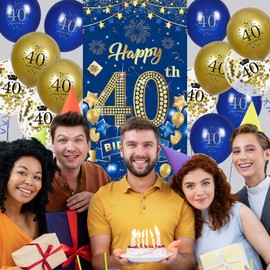 Rumia 40th Birthday Decoration Navy Blue Gold Banner with Balloons, 40th Birthday Decoration for 40 Years Men Women 40th Birthday Door Banner Latex Confetti Birthday Decoration (RUMIA988)
