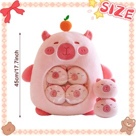 MeHoo Cute Snack Pillow Stuffed Animal Toys,Soft Pudding Plush Throw Pillow with Mini Removable Plush Dolls,Creative Hugging Pillow Home Decorative Cushion (Pink Capybara)