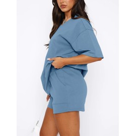 REORIA Women Cotton V Neck Tracksuit Set Lounge Wear Sets Short Sleeve Two Piece Outfit Solid Color Co Ord Sets Grey Blue L