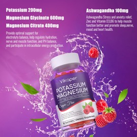 Potassium Magnesium Gummies 1200 mg for Adults Sugar-Free High Absorption Magnesium Glycinate Supplement,Supports Leg Cramps,Muscle,Heart Health,Non-GMO Magnesium Gummy Raspberry Flavor 180 Count