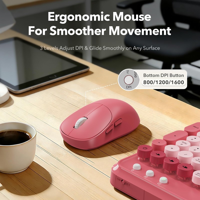 Wireless Keyboard and Mouse Combo, Rose, Round Keycaps, Phone/Tablet Holder