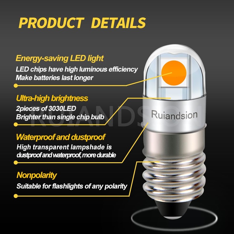 Ruiandsion E10 LED Flashlights Bulb 6V Non Polarity E10 Screw