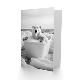 Artery8 Greeting Card Polar Bear In Bathtub Black White Arctic Seascape Blank For Him Or Her Art Birthday Card