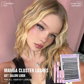 Manga Cluster Lashes Extension Set for DIY Eyelash Extensions, Spiky Anime Style for Cat Eye & Doll Eye Looks, 210 PCS Lash Clusters with Bond & Seal and Tweezers, D Curl 9-16mm, LANKIZ