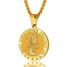 Saint Christopher Shield Necklace 18K Gold Plated Stainless Steel Patron Round Medal Pendant Chain Religious Jewelry Women Men