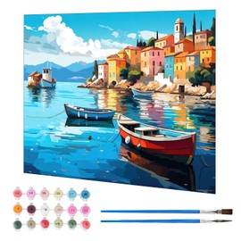 Jawecci Seaside City Scenery Painting by Numbers Kits for Adults, Floating Boat Paint Kits for Beginners on Canvas, Easy DIY Oil Painting with Paint Brushes Drawing Paintwork 40x50cm