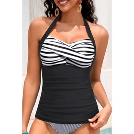 Women Tankini Bathing Suit Top - Halter Swim Tops Only Tummy Control No Bottom Swimwear Stripe and Black L