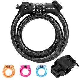 Monotre Bike Lock, 3.9 Feet 4-Digit Resettable Combination Password Anti-Theft Cable Lock, Cute Coiled Bike Lock with Mounting Bracket, Suitable for Bicycles, Electric Scooters, Ebikes (Black-10mm)