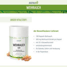 Sanuvit® - Frankincense Capsules 500 mg | High Dose with 500 mg Indian Boswellia Serrata Pro Capsule | High Bioavailability | with Premium Raw Material Boswellin® | Vegan | 180 Capsules