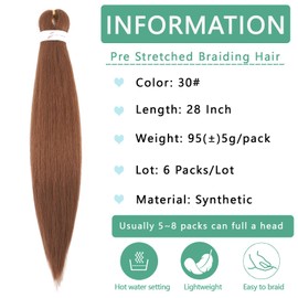 Dilekay Color 30 Braiding Hair Pre Stretched 28 Inch 6 Packs Brown Hair Extension Professional Soft Yaki Texture Hypoallergenic Braiding Hair No Itch 30# Hair Extensions for Braids