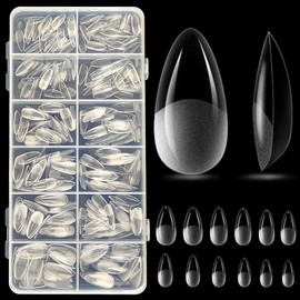 12 Sizes 504 Pcs Acrylic Nail Tips Teardrop Almond Shape Poly Gel Nail Kit Nail Tip Extensions Full Cover Nail Tips False Natural Curve Nail Tips for Art Nail Salons and DIY Gifts