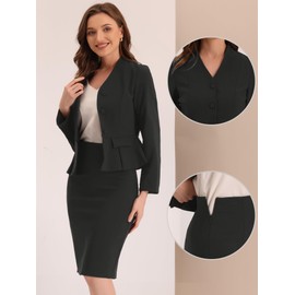 Allegra K Business 2 Piece Suit Set for Women's Long Sleeve Collarless Peplum Blazer Pencil Skirts Black S