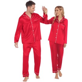 Ekouaer Silk Pajamas for Couples Essential Sleepwear Women's Long Sleeve Home Wear Christmas His and Her Pjs Set Red,XL