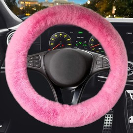 Silence Shopping Fluffy Car Steering Wheel Cover,Steering Wheel Cover for Women Soft Plush Steering Wheel Cover Fashion Car Interior Decor Accessories Suitable for 15 Inch (Pink)