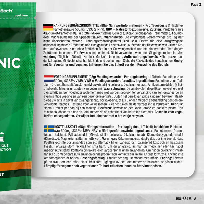 HI Vitamin B5 Pantothenic Acid 500 mg 90 Vegan Tablets