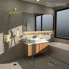 ShiureBath 12 Inch Shower Faucet Set, Rainfall Shower System with Square Fixed Shower Head and High Pressure Handheld Shower Head, Spray Wall Mounted Rainfall Shower Fixtures, Brushed Gold