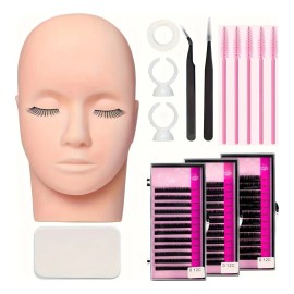 Kit Práctica Extensión Pestañas Rosa Curva C Maniquí Pinzas Cepillos Parche 8 mm