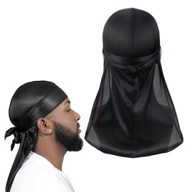Norhogo Satin Elastic Bonnet, Ultra-Soft & Wrinkle Free Satin Simulation Silk Thick Long Tail Pirate hat, Stylish & Comfortable, Wide & Long Tail Perfect for Waves, Braids & Locs (Black)