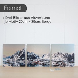 younikat Mountains Wall Picture 3-Piece Modern Decorative Brushed Stainless Steel Look - 20 x 20 cm - Aluminium Composite Picture for Kitchen Bedroom Hallway Bathroom Gift Idea for Housewarming -