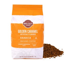 Wellsley Farms Golden Caramel Ground Coffee - 100% Arabica Light Roast - Non GMO, Low Carb and Low Sodium - Flavoured Coffee for Home and Office - Smooth Caramel Coffee Taste - 32 oz Resealable Bag