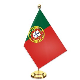 Portugal Desk Small Flag Set,5×8 Inch Mini Portuguese Desktop Banner,12" Metal Solid Pole Decor,Tiny Digital Printed Polyester Banner With Golden Base