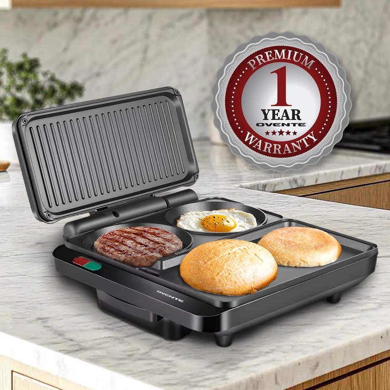 OVENTE Sandwich Maker and Hamburger Grill Machine with Non-Stick Griddle