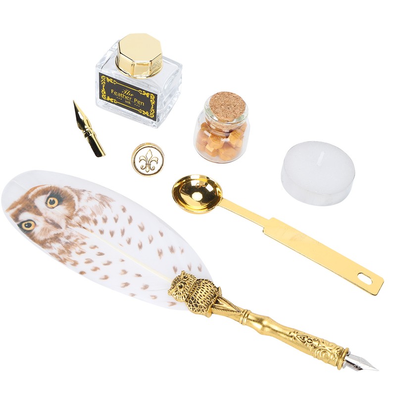 Dip Calligraphy Pen Set Owl Feather Pen Lacquer Stamp Vintage